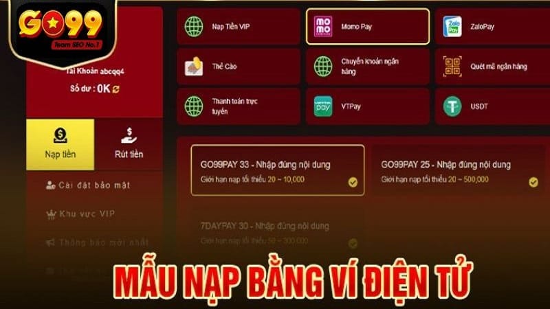 Chọn tên ví như hình minh họa để nạp tiền Go99